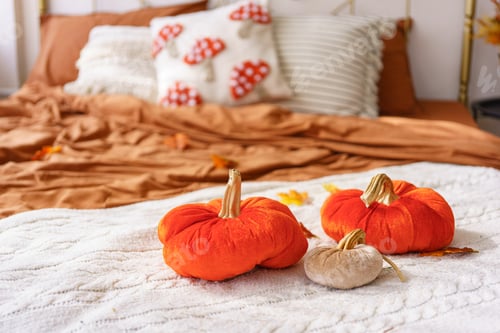 Preview: Cozy Autumn Bedroom Decor With Orange Plush Pumpkin Pillows On Blanket In Bedroom, Interior Decor