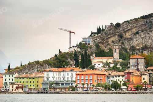 Preview: Beautiful lake Lago di Garda and the village of Torbole, Alpine scenery. Italy