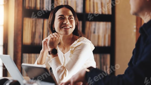 Preview: Happy, couple and tech in home with finance planning, smile and investment of Japanese people. Tabl