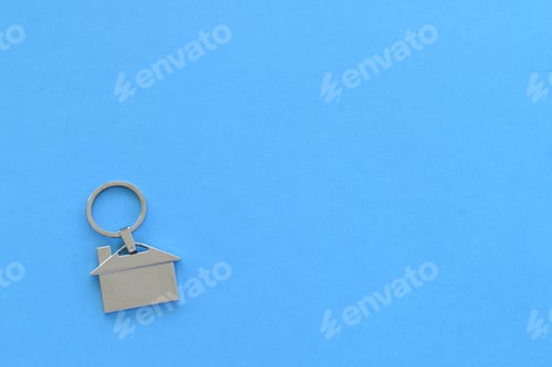 Preview: Housing Market concept - isolated home house key ring on blue, real estate, construction