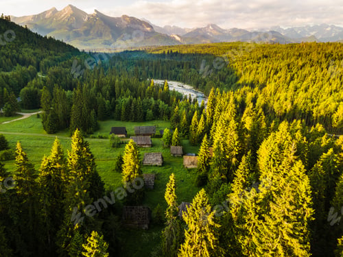 Preview: Traditional Wooden Log Cabins at Old Shepherd Hut Village in Jurgow, Podhale in Poland