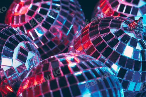 Preview: Group of shiny Disco Balls on dark background close up