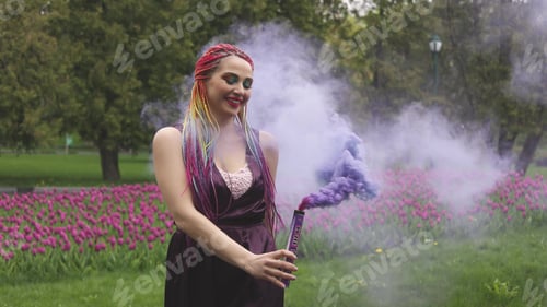 Preview: A girl with a smile with bright makeup and colored braids