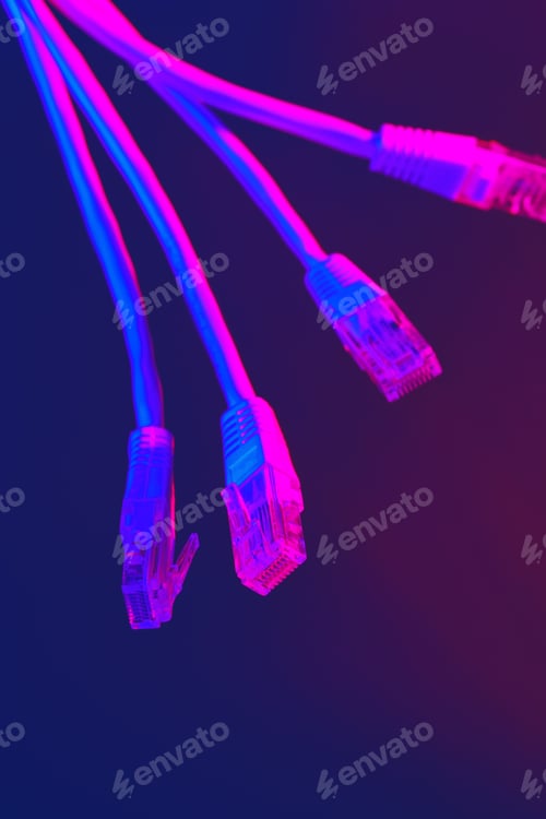 Preview: Modern technology network cable in neon light.