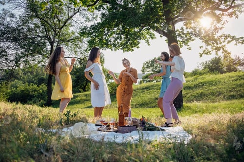 Preview: Summer party, Outdoor Gathering with friends. Five young women, Friends at the picnic dancing and