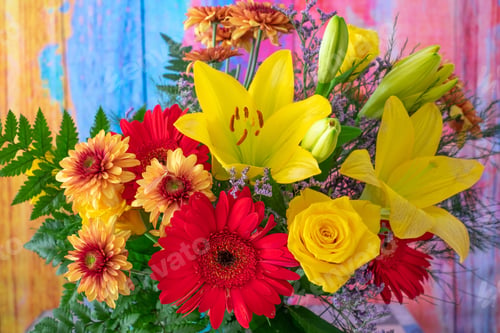 Preview: Valentine's Day Women's Day birthday holiday party. Close up cropped photo of bouquet of flowers