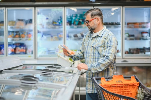 Preview: Bearded man with frozen fish his hands stands at the refrigerator in the department of frozen food