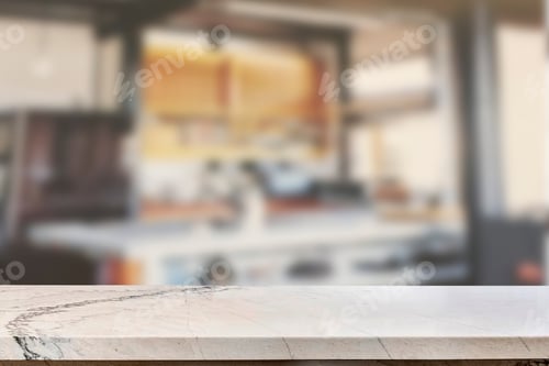 Preview: Empty marble top table with blurred kitchen interior Background. for product display.