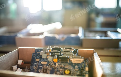 Preview: Close-up electric green embedded microcircuits in production