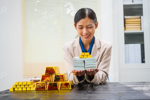 Preview: An Asian businesswoman sitting at her desk, discussing gold bars,deposits,gold market investors