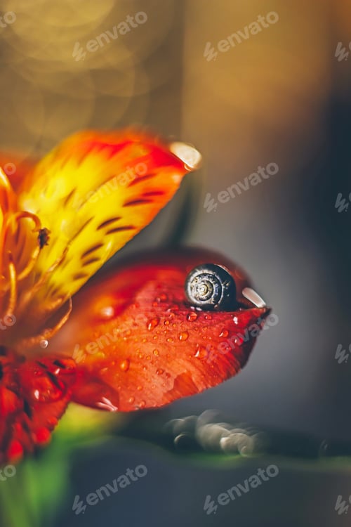 Preview: drops. bokeh. blossom.Red flowers.Cute snail.