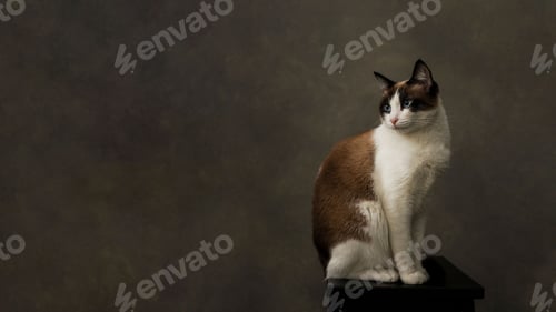 Preview: Domestic tabby cat perched on a black wooden stool against a dark background