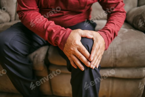 Preview: Old Sick Man Holding His Knee In Discomfort Suffering From Knee Pain While Sitting On Sofa At Home