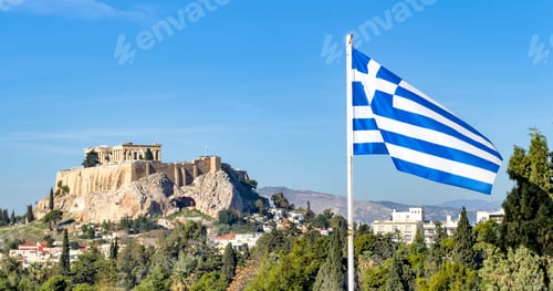Preview: Greek flag waving beside the Acropolis and Parthenon within bright daylight over Athens, Greece