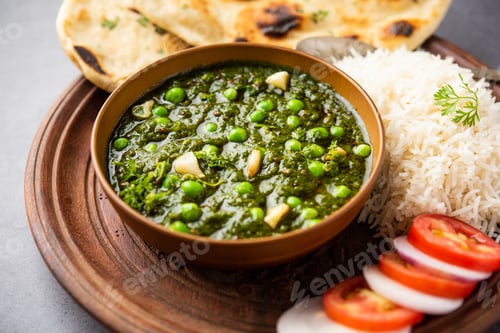 Preview: palak matar curry also known as spinach geen peas masala sabzi or sabji, indian food