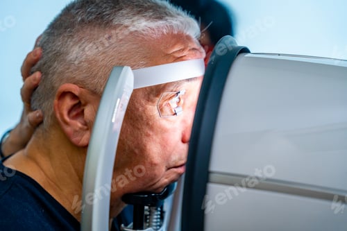 Preview: Senior man leaning the head on scanner to check glaucoma