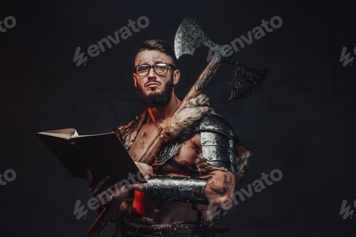 Preview: Sad viking holding a book and two handed axe in dark background