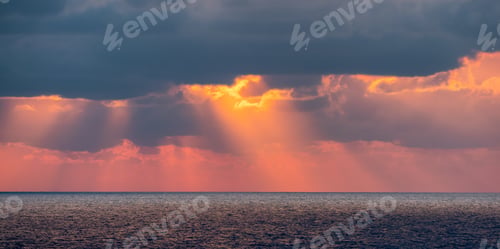 Preview: Dramatic Colorful Sunset Sky over Mediterranean Sea. Cloudscape Background