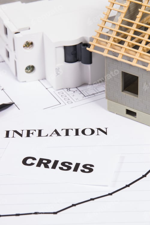 Preview: Inscriptions crisis and inflation with electric fuse, work tools, house under construction