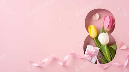 Preview: Celebratory Women's Day theme featuring tulips, a gift, and ribbon on a pink background