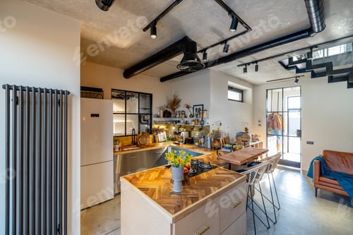 Preview: Stylish house living room and kitchen interior in mixed style