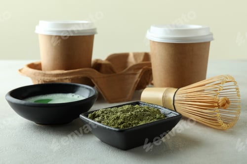 Preview: Concept of japanese tea with matcha on white textured table