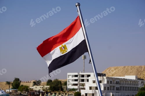 Preview: Waving Egyptian flag against buildings and clear sky