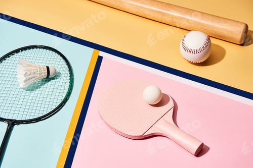 Preview: Sets for badminton, table tennis and baseball on colorful background with lines