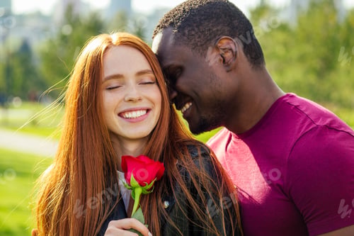 Preview: Close up of interracial couple holding white rose in spring autumn park