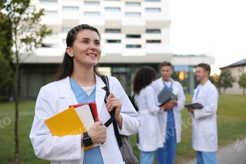 Preview: Medical student in uniform with notebooks outdoors, selective focus