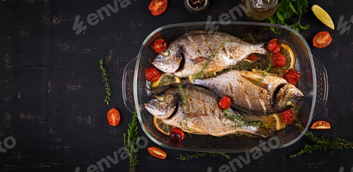 Preview: Baked fish dorado with lemon and fresh salad
