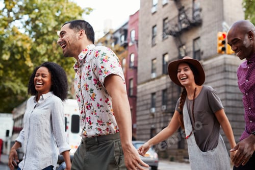 Preview: Group Of Friends Walking Along Urban Street In New York City