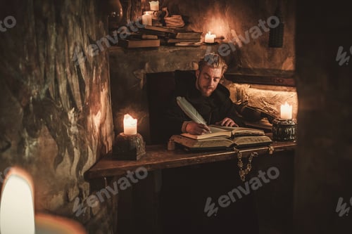 Preview: Monk chronicler writes an ancient manuscript
