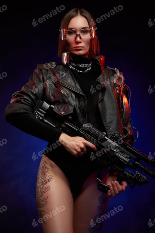 Preview: Seductive woman with naked and tattooed legs holding futuristic rifle