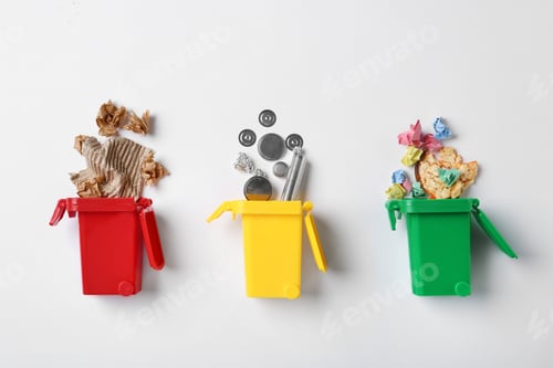 Preview: Trash bins and different garbage isolated on white, top view. Waste recycling concept