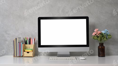 Preview: Home office desk with computer pc, flower pot and stationery.