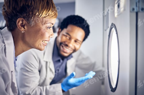 Preview: Science, man and woman in laboratory, research and test sample for cure, vaccine or conversation. R