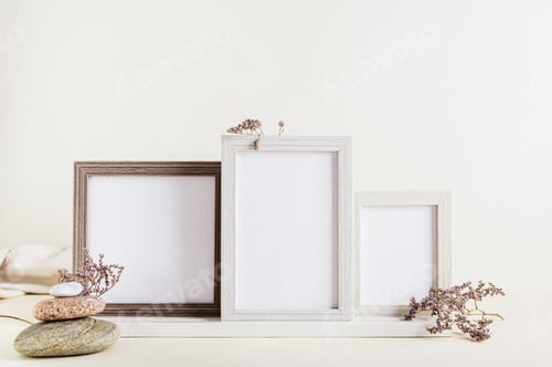 Preview: Composition from a set of photo frames, dried flowers and stones on a light background