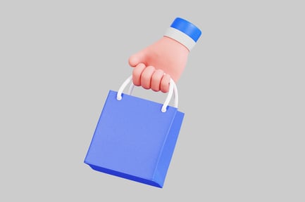 Preview: Hand gripping blue shopping bag with wrist-mounted bottle