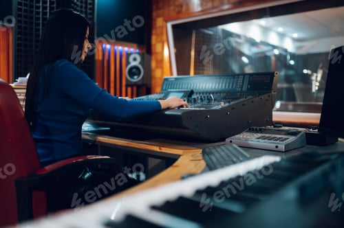 Preview: Woman music producer working on a mixing soundboard in a studio.