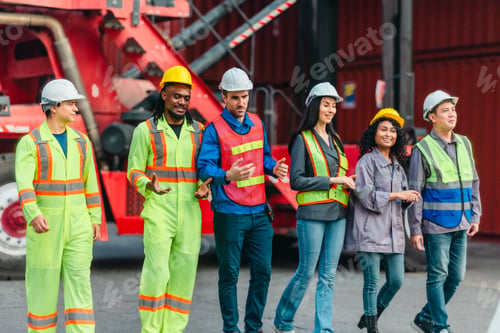 Preview: Team of Workers Walking and Talking in a Container Yard