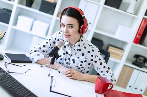Preview: Beautiful young girl is sitting in headphones and with a microphone at the desk in the office.