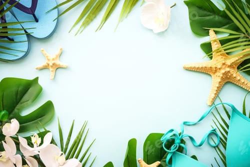 Preview: Summer flat lay background, sea vacation on white.