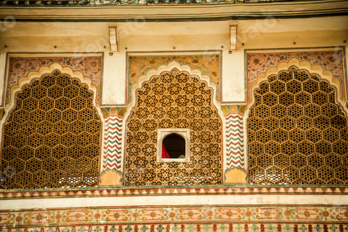Preview: Detail of ornately decorated inside Amber fort, Jaipur, Rajasthan, India