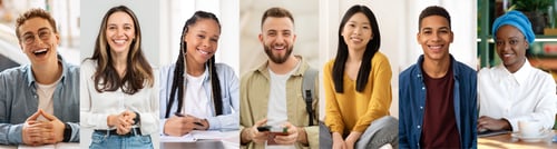 Preview: Diverse group of young adults smiling and engaging in conversation indoors