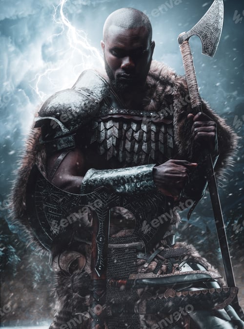 Preview: Violent african murderer with axe in northern mountains in snowstorm