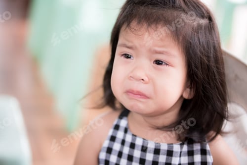 Preview: Cute child is crying pout her mouth, tears flow on her cheeks.