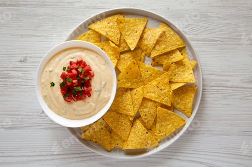 Preview: Homemade cheesy dip in a bowl, yellow tortilla chips, top view. Overhead, from above, flat lay.