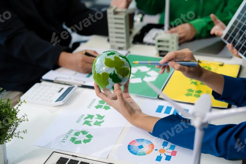 Preview: colleagues discussing data working and tablet, laptop with on Construction Site project