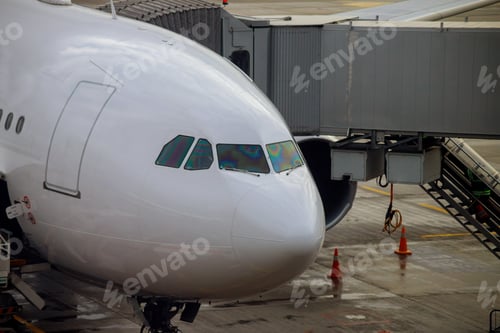 Preview: Airport docked to terminal and serviced airliner being prepared for boarding and takeoff